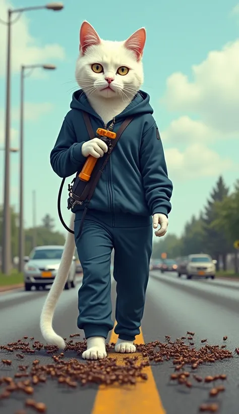 on the highway, a tall white mother cat wearing a tracksuit and navy blue track pants stood bent slightly while spraying thousands of ants using her hand with a spray gun.