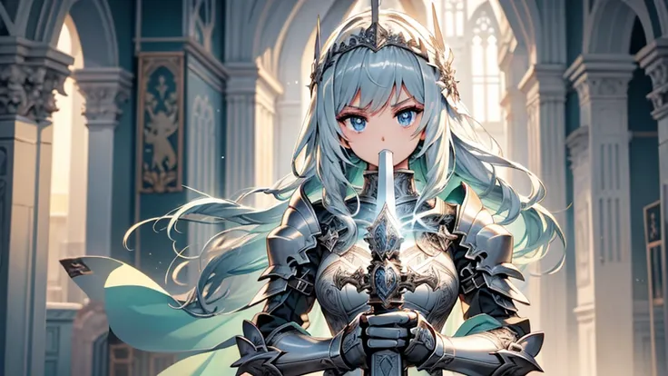 The background is a church、 beautiful girl in silver armor holding up a shining sword、 shining in light 、光り輝く剣を掲げている、 Bright Atmosphere 、 anime style