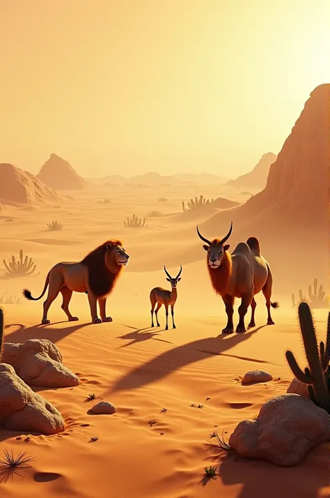 Give me a pic of desert with three animals in the pic