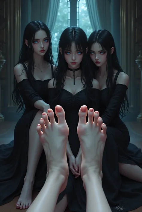 Gothic anime women , sitting, bare feet,  showing the soles of the feet,  soles of the feet focus , perspective 