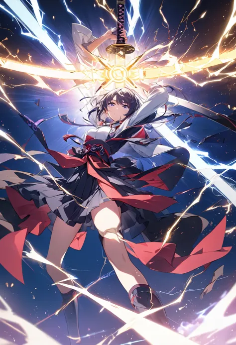An anime illustration of a huge "X" logo being cut into pieces by a large KATANA that emits electricity. Intense electricity emission effect. dynamic angle, masterpiece, best quality, extremely detailed CG unity 8k wallpaper,
