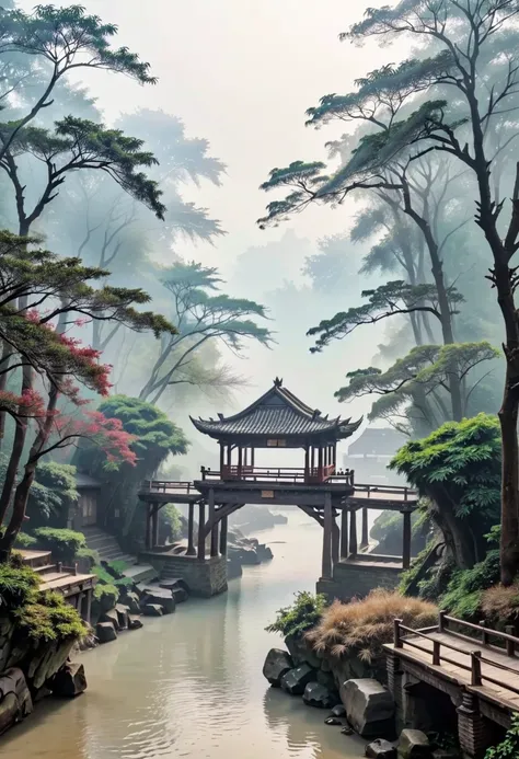 「Ancient bridge in thick fog」More thick and thick haze wide corner ancient village beautiful view Chinese style Jiangnan landscape ancient town village ancient tree 「Ancient bridge in thick fog」  Old town village drawing an ancient wooden arch Exquisite ar...