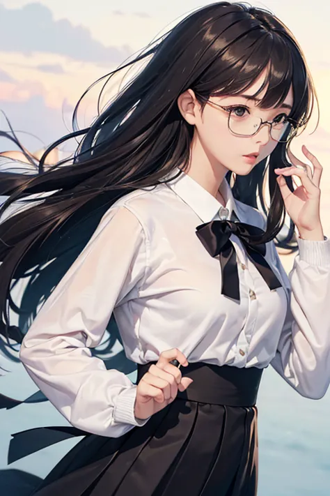 (( best quality)), ((傑 best quality、masterpiece、High sensitivity、 high definition 、詳細な描写、 Delicate Facial Description)), Slender woman、Glasses、 jumper skirt、A strong wind is blowing、Hair gets messy、 turn your skirt over 、