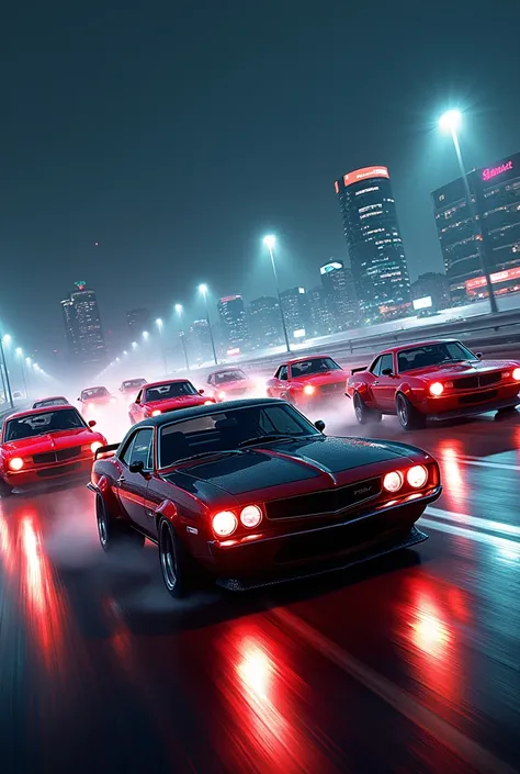 (8 cars different model, brands and styles started the race with hight trot speed), (some of the car over taking as quick the race start),sport car,tuned, motion, (at night:2) (motion blur:1. 3), movie action scene, (Need for Speed:1. 1), wet reflection, r...