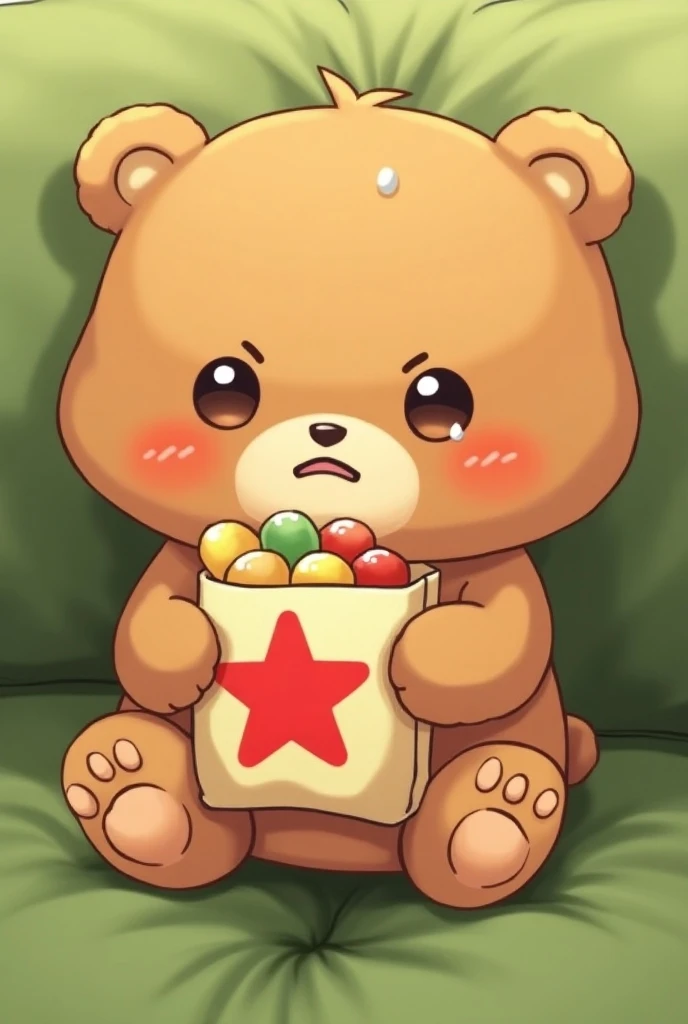 A cute, anime brown bear with a slightly worried expression sits on a green cushion, holding a small bag of snacks adorned with a red star. The bear has beads of sweat on its forehead, suggesting its slightly anxious or excited, while its round ears and pa...