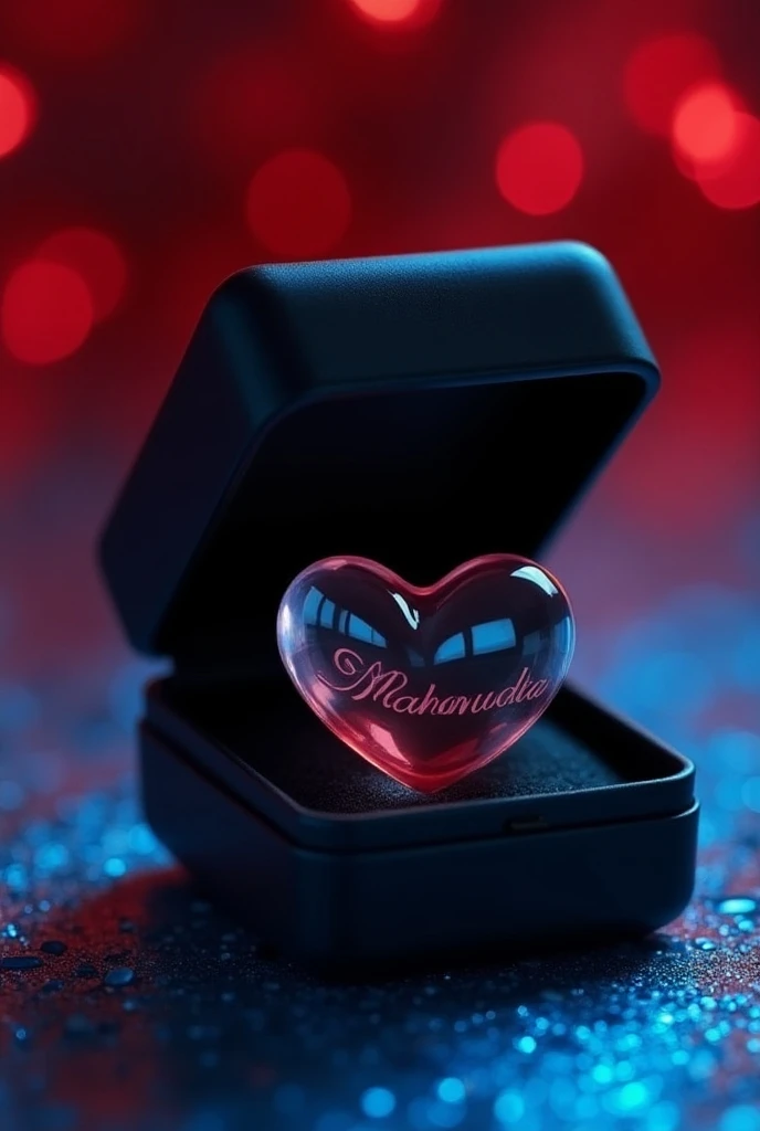 this is a beautiful black shining gift square shaped inside heart necklace box this is opened this cap side kept, box nside black transparent heart it is made of glass, with heart couple inside written name "Mahamuda" clearly, inside and background Red shi...