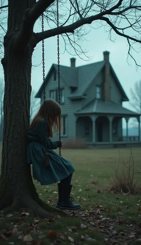 A young creepy looking girl sits on a swing on the tree outside an old decayed house with a porch, in the eerie atmosphere. Dramatic grey clouds. Surreal, nightmare art. Cinematic.
woman cachorro pulando