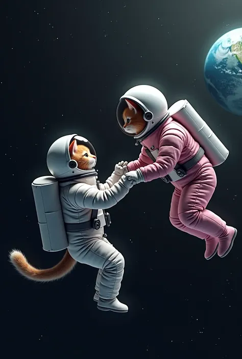 While the astronaut cat is floating in space, her best friend, the pink astronaut, sees her cat in the distance and they look at each other