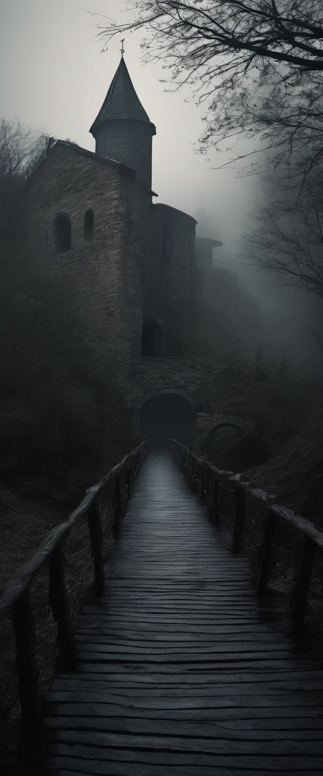 plano general, dark and mysterious wooden bridge in the middle of a fog:1.5 ,  at the end of the bridge there is a castle from the medieval period ,Gloomy, wet, darkness, Luz outfit, Medieval times  , Gothic art, Action painting, hyperrealism, chiaroscuro, profundidad de campo,  cinematic lighting , U High Definition , Retina,  masterpiece, necessary,  ,  old school ,  super detail ,  tall details ,  lyrics , Winner Award  ,  Best quality , highres, 1080P,  High Definition , 16K, eznegativxl  ,  Locals avoid a narrow alley in the oldest part of the city . ,  who whisper about a shadow figure that stalks the cobblestone streets at night  .  Those who have crossed paths with this entity report that they feel an overwhelming sense of dread and hear whispers that seem to come from nowhere.