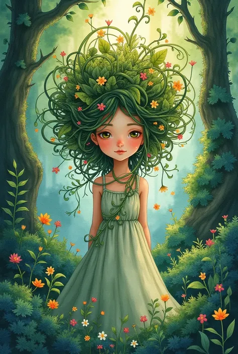 Watercolor illustration of a woman with hair made of intertwining leaves and flowers, standing amidst a mystical forest floor dense with foliage, sunlight filtering through the canopy casting dappled shadows, highly detailed, vivid colors, ultra fine.

