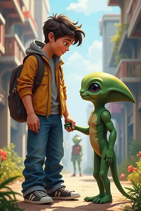 male teenager with baggy jeans befriending an alien happily