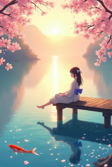 A serene lakeside scene at sunrise, with a young girl in a flowing kimono sitting on a wooden pier. Her feet gently dangle over the water, and koi fish swim beneath the crystal-clear surface. Cherry blossom petals float in the air, and soft rays of sunligh...