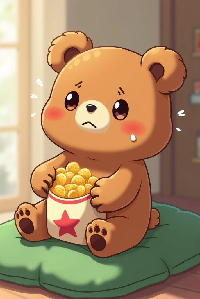 A cute, anime brown bear with a slightly worried expression sits on a green cushion, holding a small bag of snacks adorned with a red star. The bear has potato chips of sweat on its forehead, suggesting its slightly anxious or excited, while its round ears...