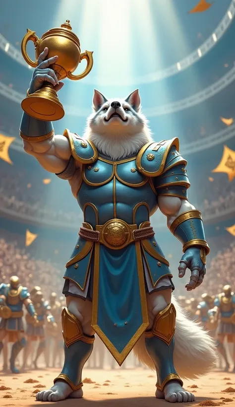 Paysandu’s Big Bad Wolf, dressed in his light blue and white gladiator armor, lifts a large golden trophy above his head with both hands, showcasing his impressive muscles. He stands at the center of the arena, under a beam of light that highlights his pow...