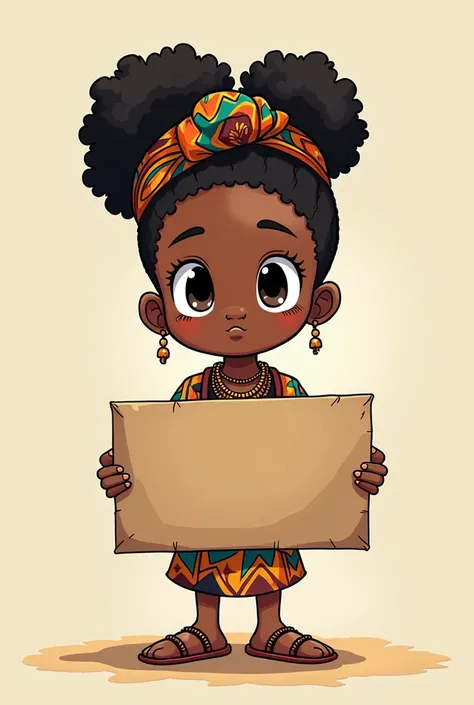 Create an anime-style cartoon of a black  holding a sign with both hands in front of their belly, dressed in African-themed clothes