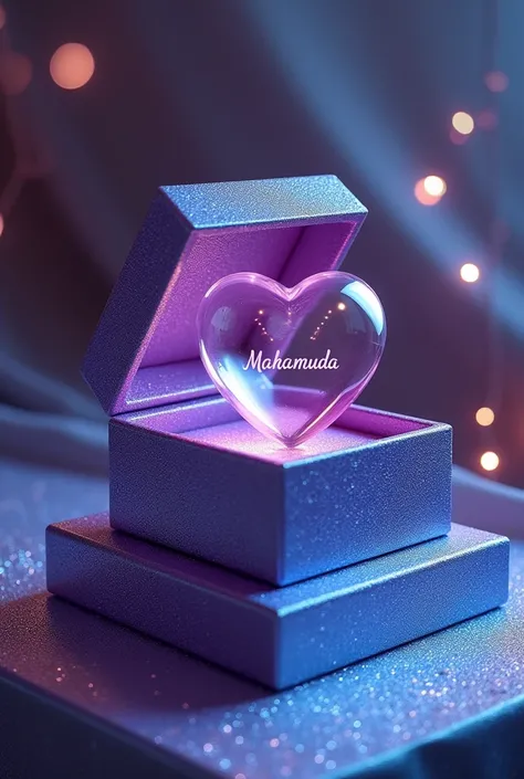 this is a beautiful purple shining gift square shaped inside heart necklace box this is opened this cap side kept, box nside black transparent heart it is made of glass, with heart couple inside written name "Mahamuda" clearly, inside and background purple...