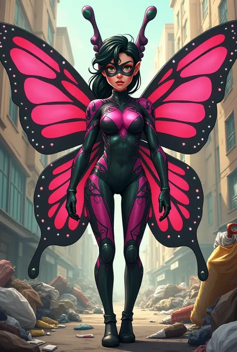 A cartoonish superhero with butterfly powers who has a futuristic costume of three colors (pink, black and green) is surrounded by debris and garbage. 