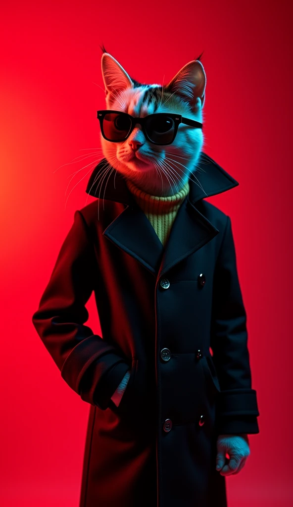 A strikingly captivating cell phone wallpaper featuring a delightfully cute cat dressed in mid-1960s space age style. The cat wears a modern monochrome coat and sunglasses, looking adorable and stylish. The image masterfully uses a front view of the cat, w...