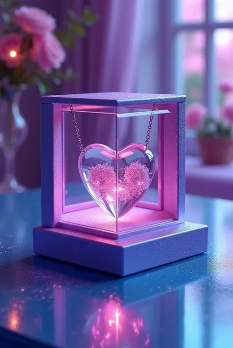 this is a beautiful purple shining gift square shaped inside heart necklace box this is opened this cap side kept, box nside black transparent heart it is made of glass, with heart couple inside written name "Tasnia" clearly, inside and background purple s...