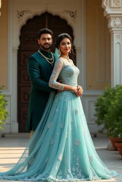 I want to create an indian couple in which bride wear an maxi with iceblue color and groom dark green color pentcoat