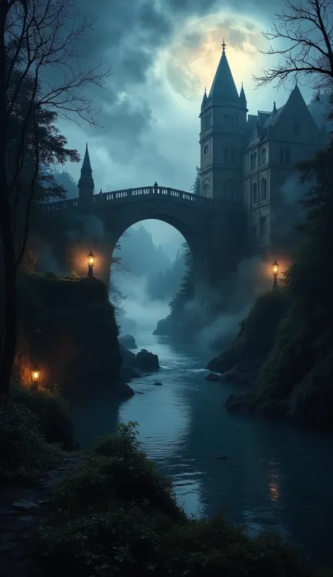 Dense mist, a grand ancient bridge over a great river, disappearing into dense magical fog, mysterious ethereal light, night scenery, dramatic chiaroscuro, cinematic composition, highly detailed, photorealistic, 8k, intricate architecture, cobblestones, to...