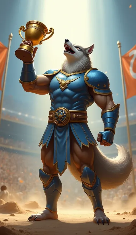 Paysandu’s Big Bad Wolf, dressed in his light blue and white gladiator armor, lifts a large golden trophy above his head with both hands, showcasing his impressive muscles. He stands at the center of the arena, under a beam of light that highlights his pow...