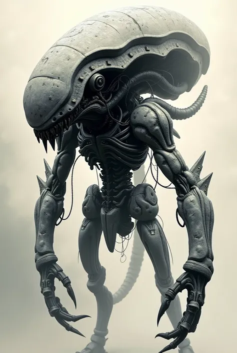 Unusual creature in the vein of H.R. Giger, biomechanical aesthetic, intricate exoskeleton, eerie beauty, intricate line work, monochromatic palette, shaded with subtle gradations, digital illustration, ultra fine, dramatic lighting.

