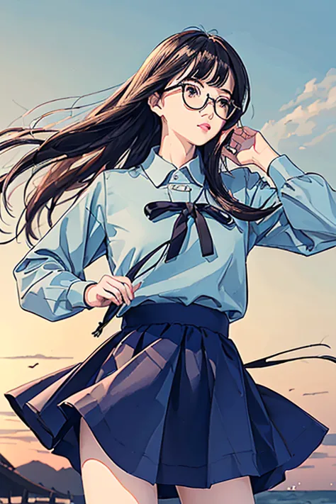 (( best quality)), ((傑 best quality、masterpiece、High sensitivity、 high definition 、詳細な描写、 Delicate Facial Description)), Slender woman、Glasses、 jumper skirt、A strong wind is blowing、Hair gets messy、 turn your skirt over 、