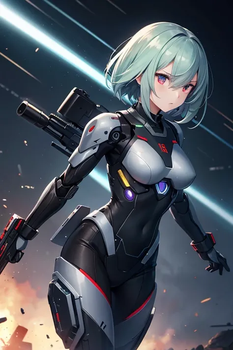 Girl android with gun, calm, sniper, target, combat mode, mechanical, futuristic, sharp eyes, strong will, battle suit, precise, tension, background, dark, battlefield, robot