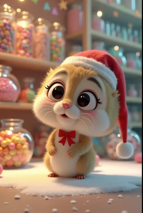  The picture is a  , An almost cute version of a renderer in a Santa Claus hat sitting in the middle of a colorful candy store . His great, dark eyes are curious .  There are numerous glass jars filled with different colors of sweets and sweets .  The shop...