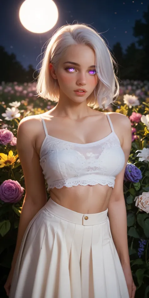 realistic, 1girl, white hair, purple eyes, glowing eyes, crop top, skirt, parted lips, blush, night, flowers, sun, sunlight,