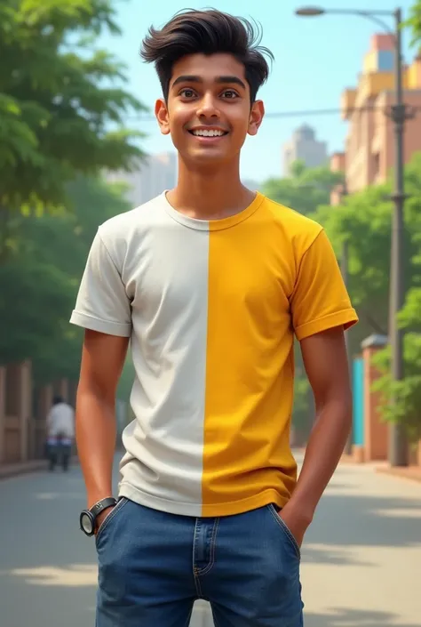 18 year old Indian no beard boy on the road blue jeans and half yellow and half white full t-shirt