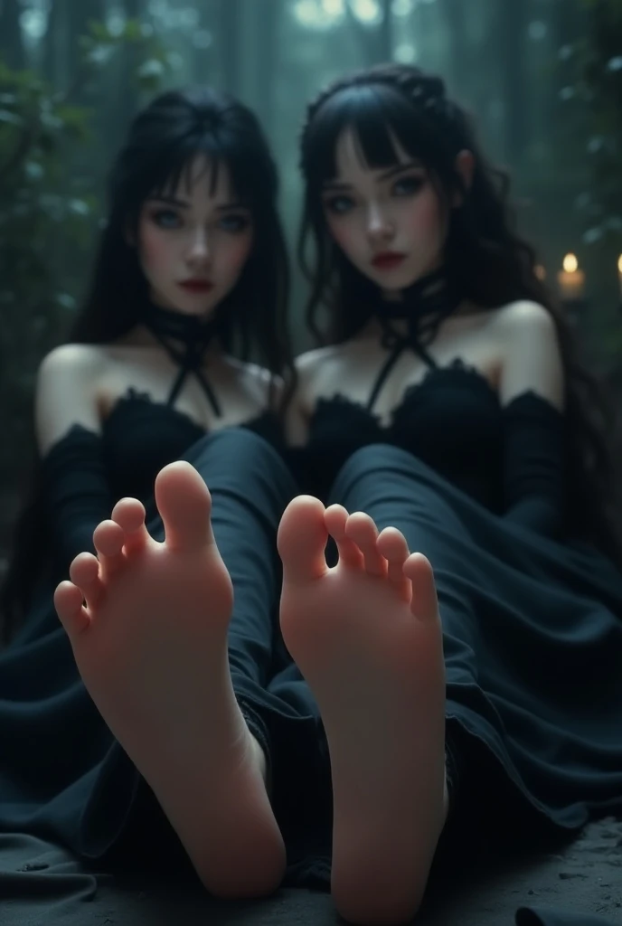 Gothic anime women , sitting, bare feet,  showing the soles of the feet,  pies focus, perspective 