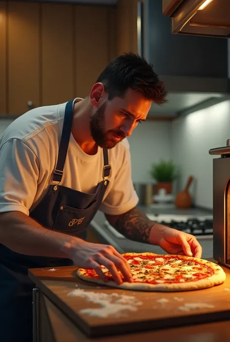 Messi puts pizza in the oven in the kitchen