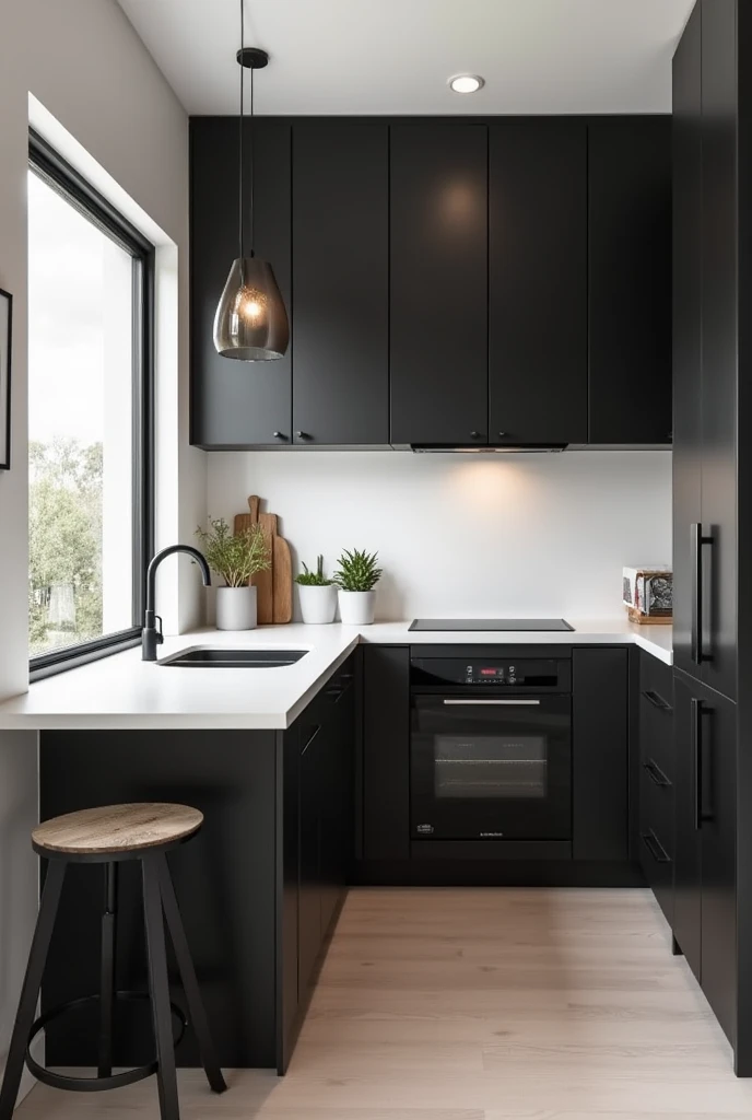 Create an L-shaped kitchen with a small island, stick to the wall, white countertop and the rest black, with the window at the bottom and the island on the left (the window is small) 