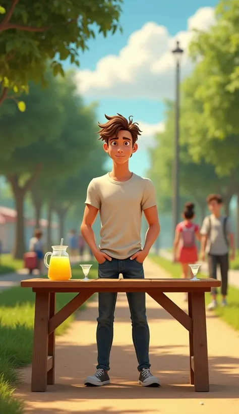 A small park with trees and a few pedestrians walking by. Jack stands behind a rustic wooden table with a lemonade pitcher and glasses. He smiles hopefully, with a confident posture. The scene is calm and peaceful, capturing Jack’s optimism. Jack is a tall...