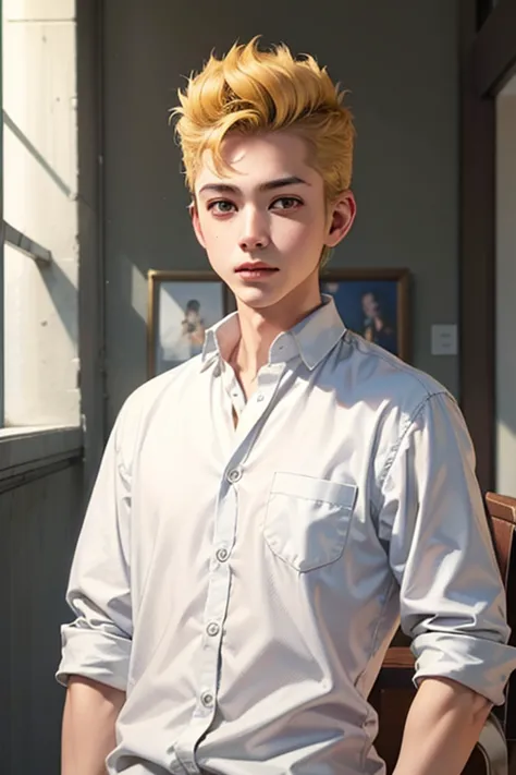 (( best quality)), ((masterpiece)), (  details),  one boy ，blonde， white shirt