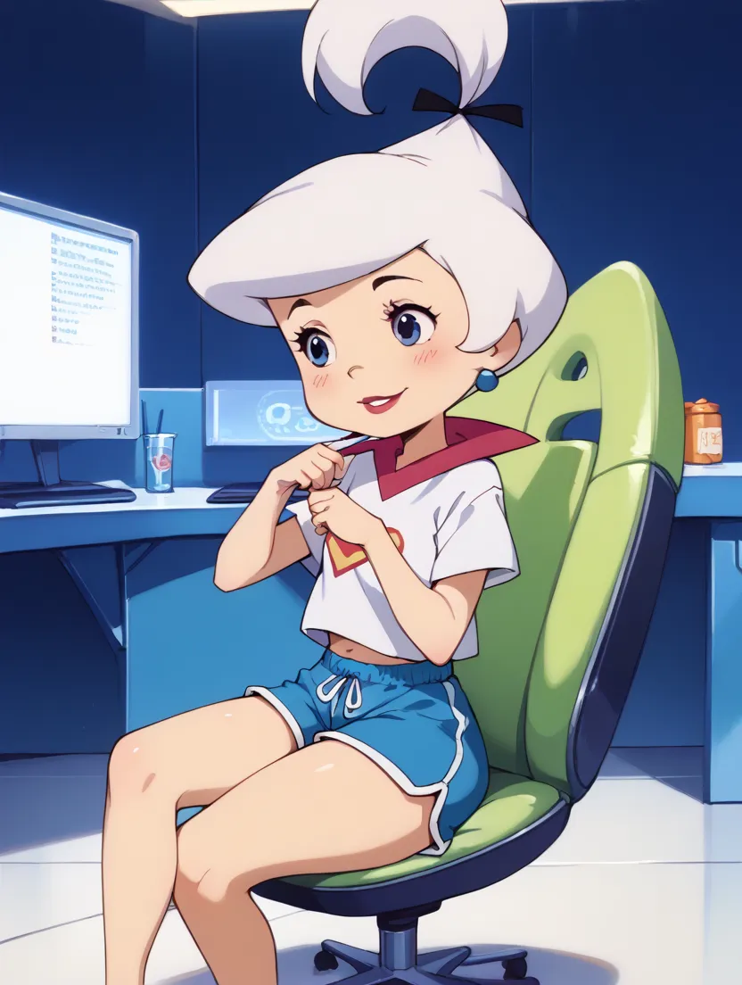 1 ,alone,  judy_ jetson    ,    white hair high ponytail ,    sci-fi furniture    ,   wear loose white shirt with one shoulder o...