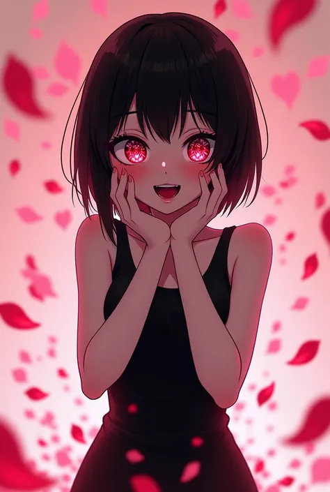  Black Hair Bob Cut 、sparkling red hanging eyes 、 with strong feelings、black shoulder one-piece dress、Big sparkling happy eyes with slightly closed 、Gap Moe Yandere、 Self-Destructing Art 、 putting hands on both cheeks with both hands 、 red cheeks 、 who has...