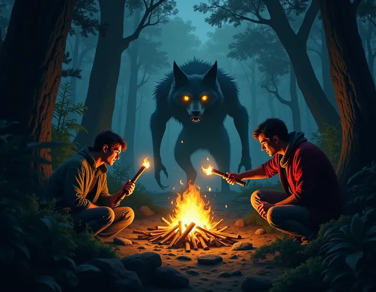 A dark and dense forest ,  illuminated by the Faint glow of a campfire in the center.  Three terrified figures curl up near the flames ,  holding torches and improvised weapons ,  surrounded by lush trees and creepy shadows .  in the background ,  bright y...