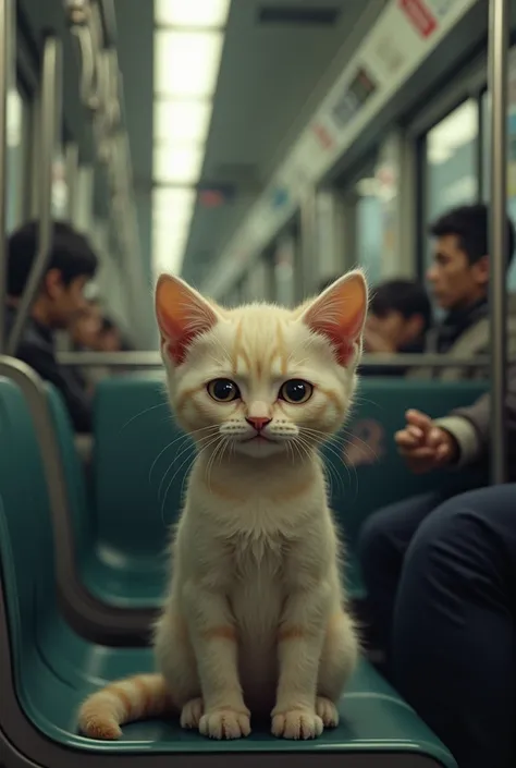 Kittens can stand up like humans，Tired kitten sitting in a subway car，The kittens face is not happy ，Watery eyes