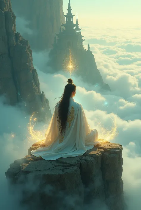 A lone cultivator sits cross-legged atop a towering mountain peak, shrouded in dense clouds. His flowing robes are white with intricate gold embroidery, glinting faintly in the light of a rising sun. Around him, spiritual energy manifests as ethereal ribbo...