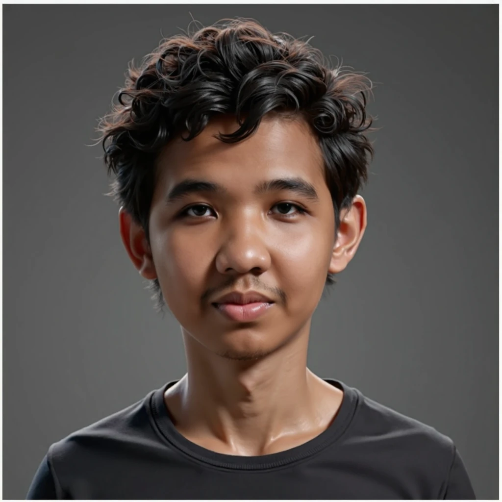 inspired by photoshop render, caricature with slightly big head, a close up of a young man, [indonesian], 20 years old, Short curly hair, short curly hair, wearing black t shirt, looking at viewers, plain background. 3d render, 3d character, 3d avatar, 3d ...