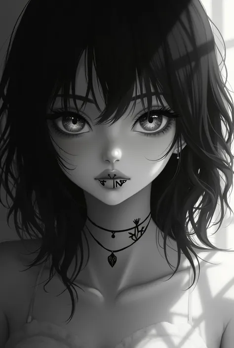 An anime girl with white skin, dark hair, big lips with some black tattoo. She shouldnt look directly and picture should be black and white