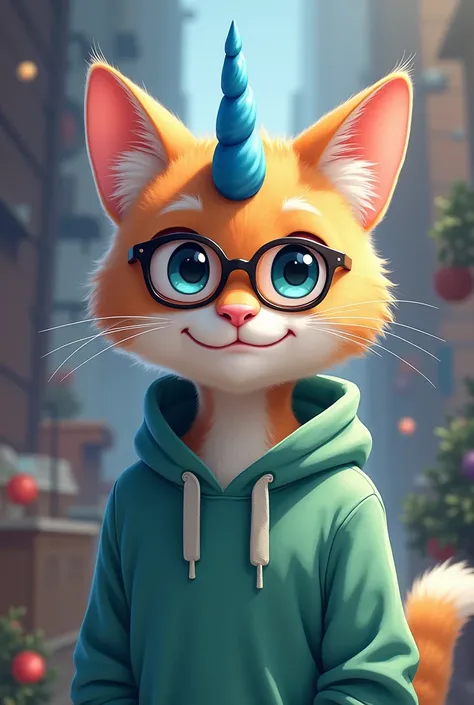 a boy furry cat ,   wearing a green sweatshirt ,  with a blue unicorn horn, And glasses, anime