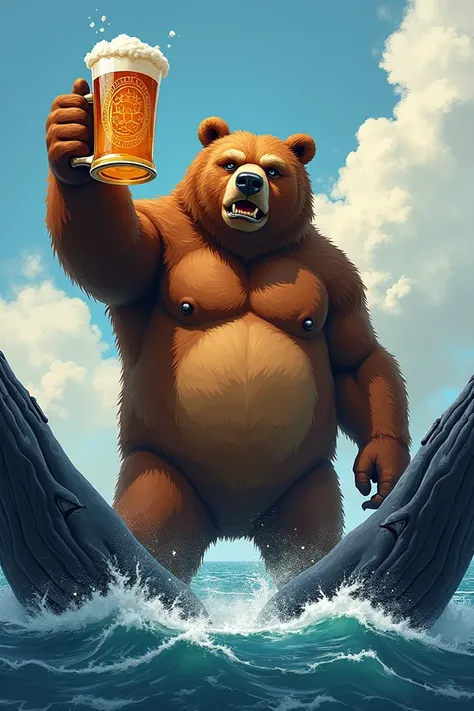  A king bear beer in hand fingers making a middle finger, At these sides these whales  
