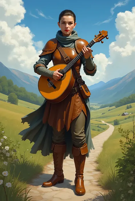 In RPG style, in style of Dungeons & Dragons, in style of fantasy painting. Full body view, looking at the viewer. image of a female bard with lute, leather armor and high leather boots, undercut hairstyle. Standing with both feet on the valley path. Irrig...