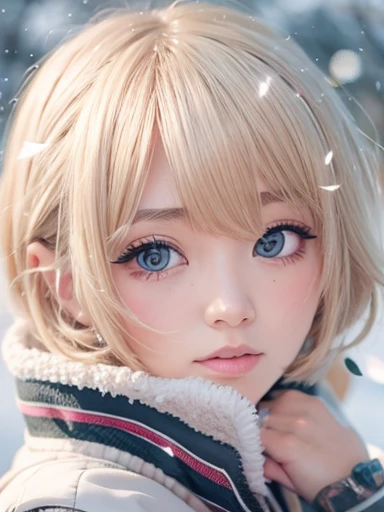 (cute japanese girl, masutepiece, Best Quality, ultra-detailliert, Focus on character), short blonde hair, ([Back:0.8]|[ Backward face:1.1]), Serious face, ([Cold Scenario:1.2]|[ snowy background:1.3]| [High contrast:1.1])