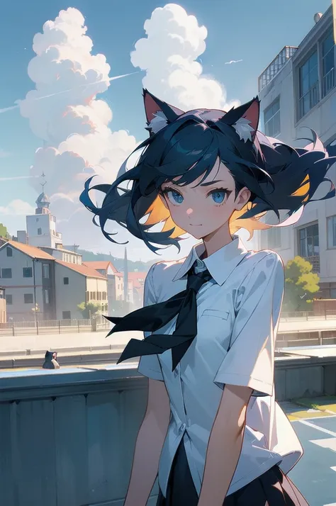 (Absurd), cute girl, upper body, slim body, perfect body, legs out of frame, cat ear, high school girl uniform, rooftop, cove, port town, [strong wind], arrogant smile, tipsy, [looking away], Expressionless,, blue sky, cloud, spectacular view