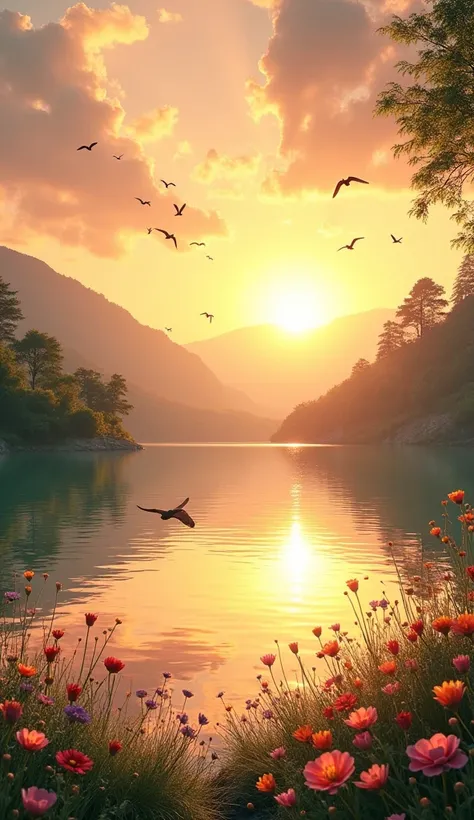 Sunset in a perfect place with a lake flowers birds a perfect scene 